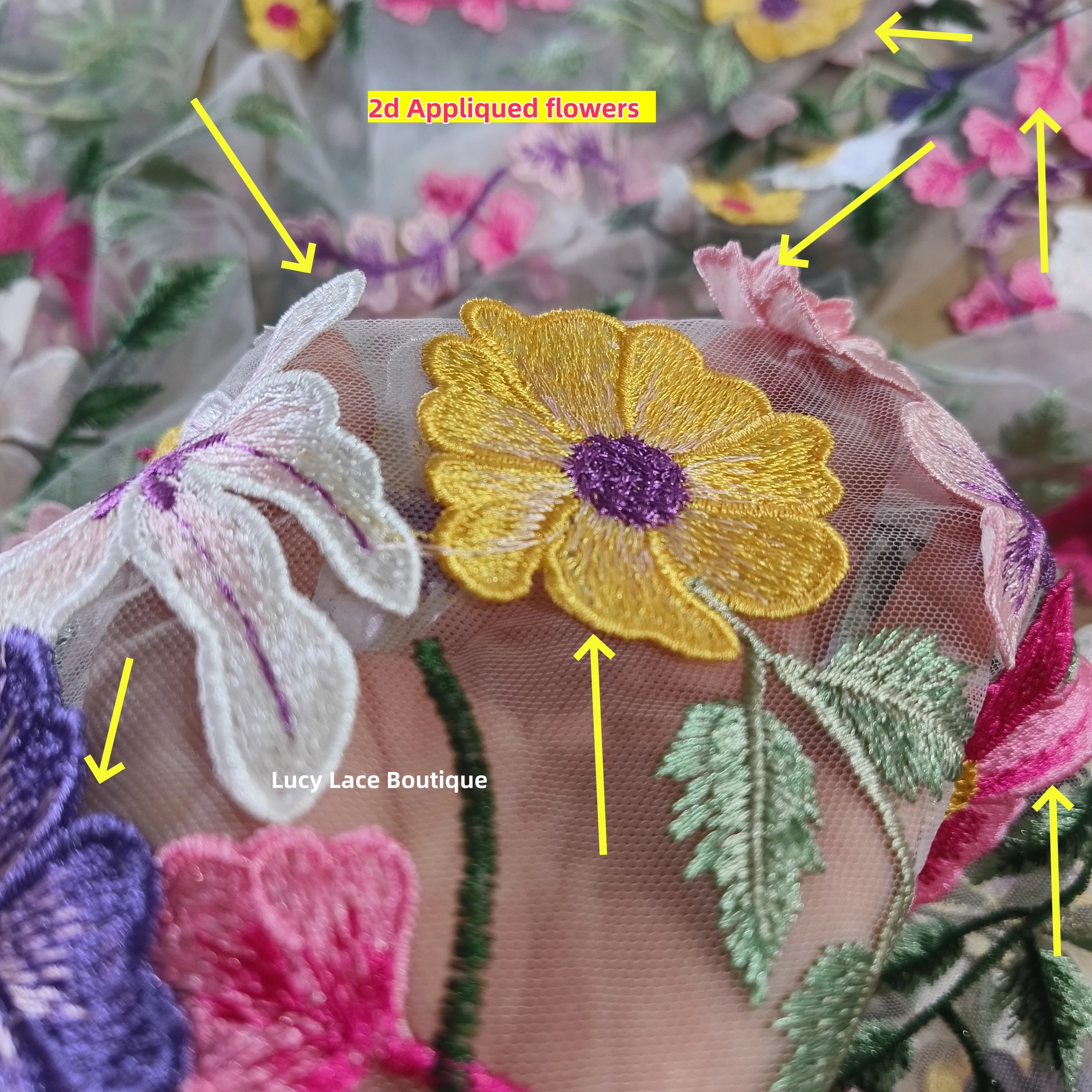 2D Appliqued Florals Colorful Embroidery Mesh Lace Fabric Girls Lady Dress Clothing Sewing Material Luxury Good Quality H874999
