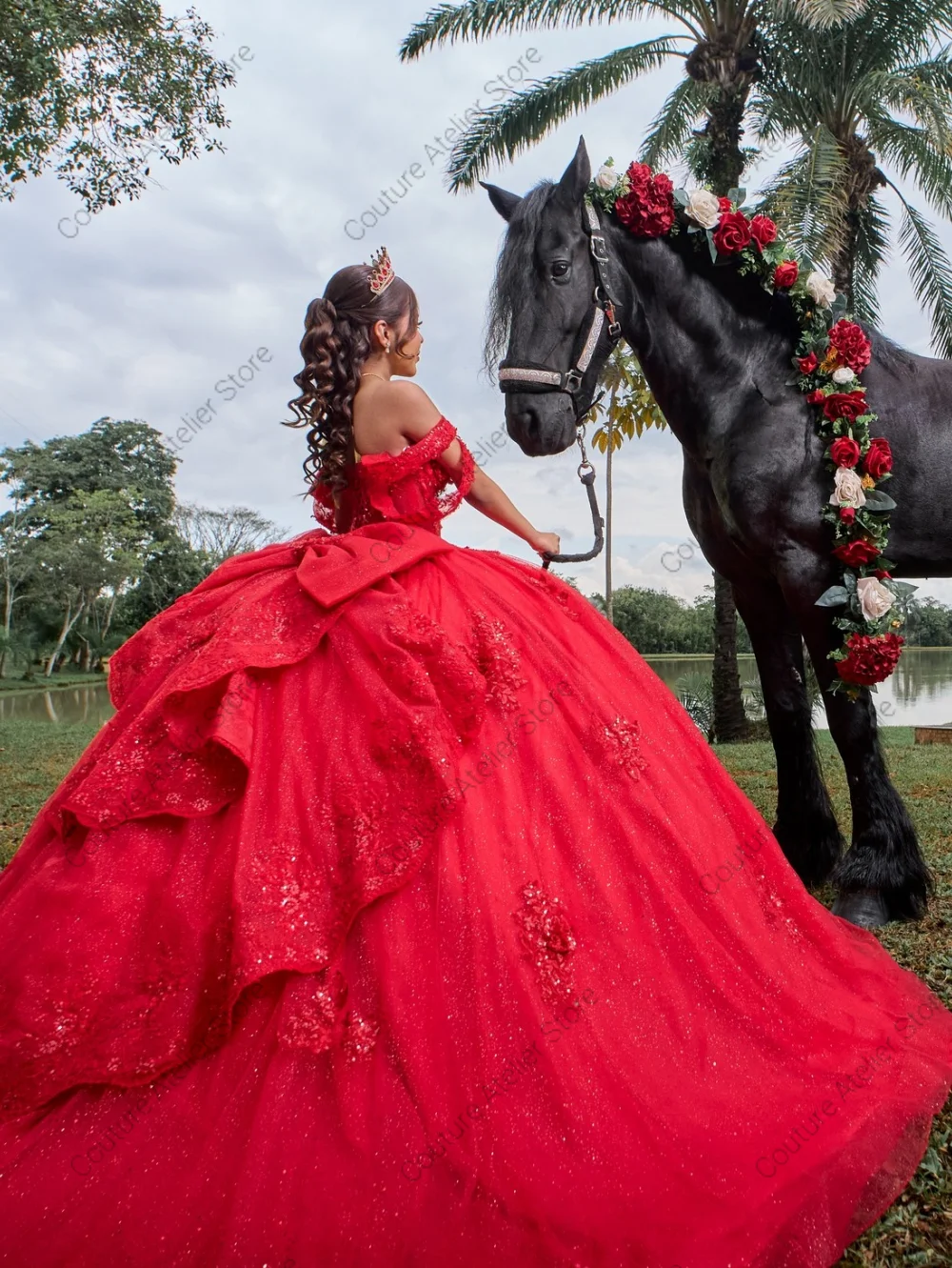 

Gorgeous Red Quinceanera Dresses Lace Appliques Sweet 15 Off the Shoulder Draped Vestidos De 15 16 Dresses Customized
