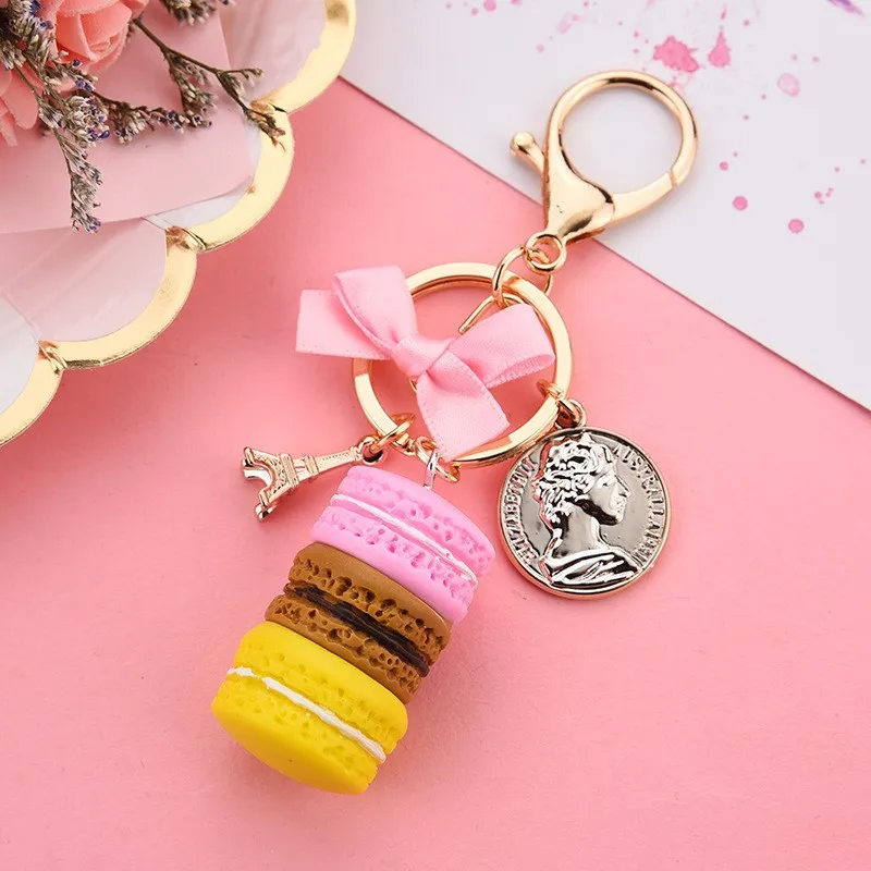 Lovely Macaron Cake Eiffel Tower Food Keychain Bowknot Car Keyring Bag Purse Pendant Food Cake Macaroon Key Chain