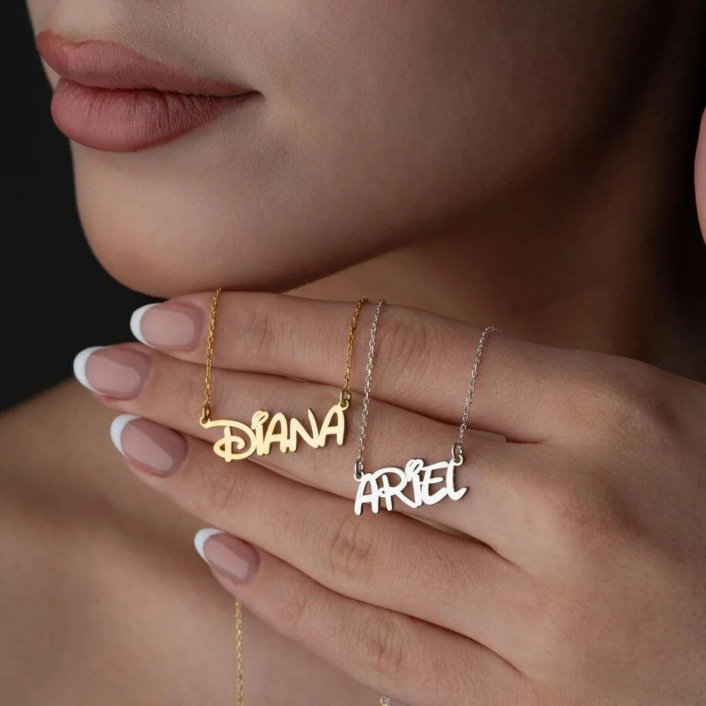 Custom Cartoon Name Necklace Personalized Cute Nameplate Pendant Necklace Women Stainless Steel Jewelry Best Gift For Her