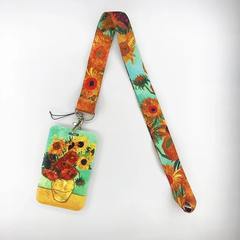 Van gogh Oil Painting Sunflowers Art Fashion Lanyard ID Badge Holder Bus Pass Case Cover Slip Bank Credit Card Holder Strap Gift