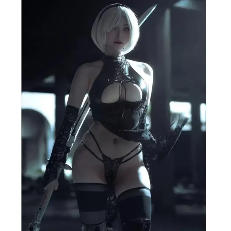 Kidney Automata Yorha 2B Cosplay Costume Womens Bandage Hollow Out Hot Sexy Lingerie Net Cheongsam Lacquer Set