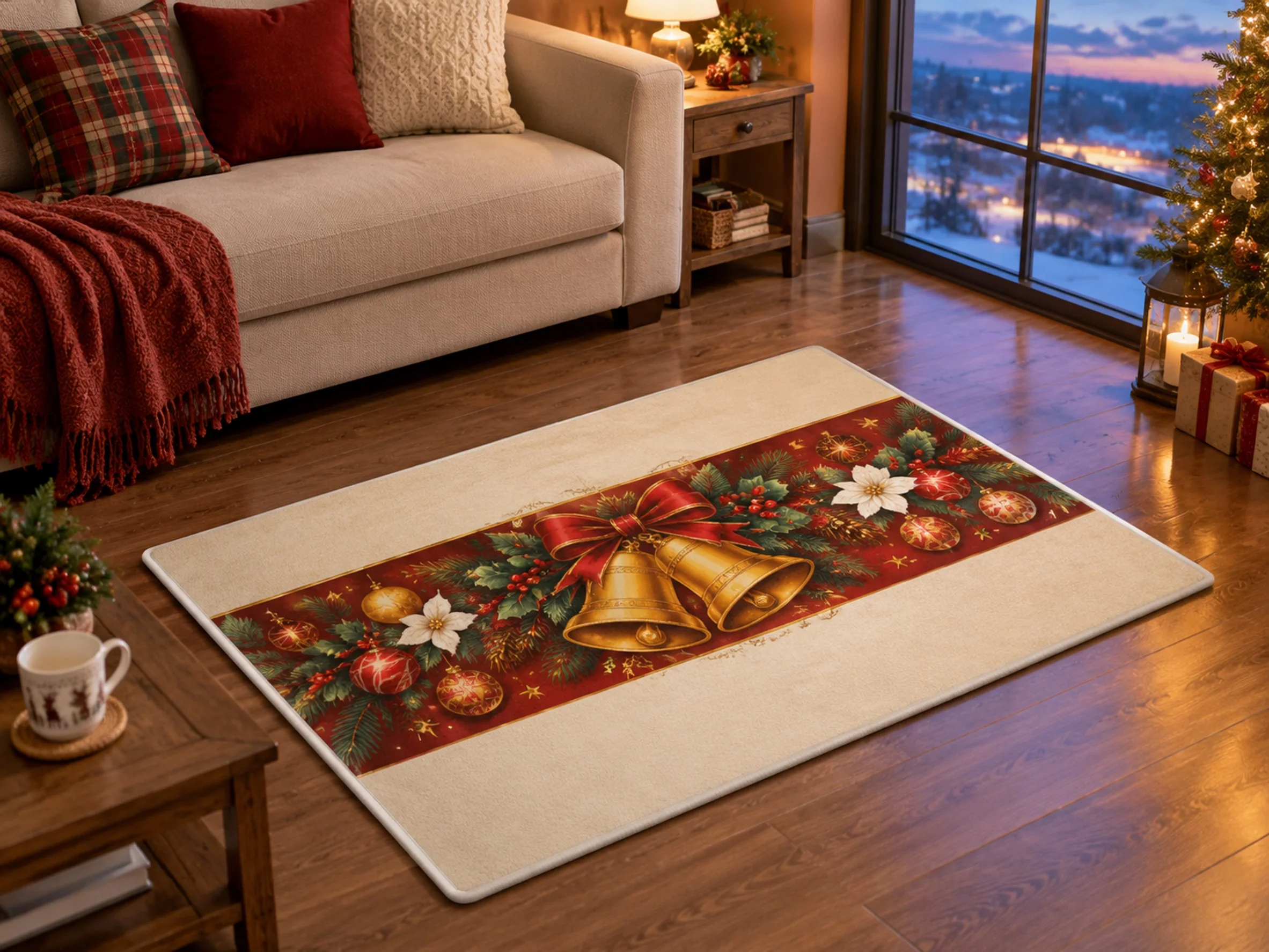 VIKAMA Christmas Amber Brown Bell Flannel Door Mat, Washable Quick Dry Xmas Mat, Xmas Decor for Farmhouse, Entryway, Front Door