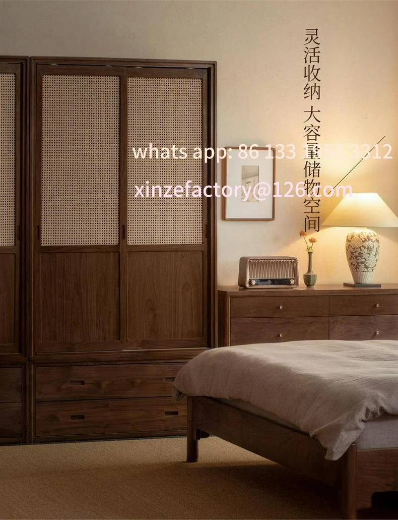 

Customizable Solid Wood Wardrobe Black Walnut Rattan Sliding Door Large Wardrobe Storage Cabinet Bedroom