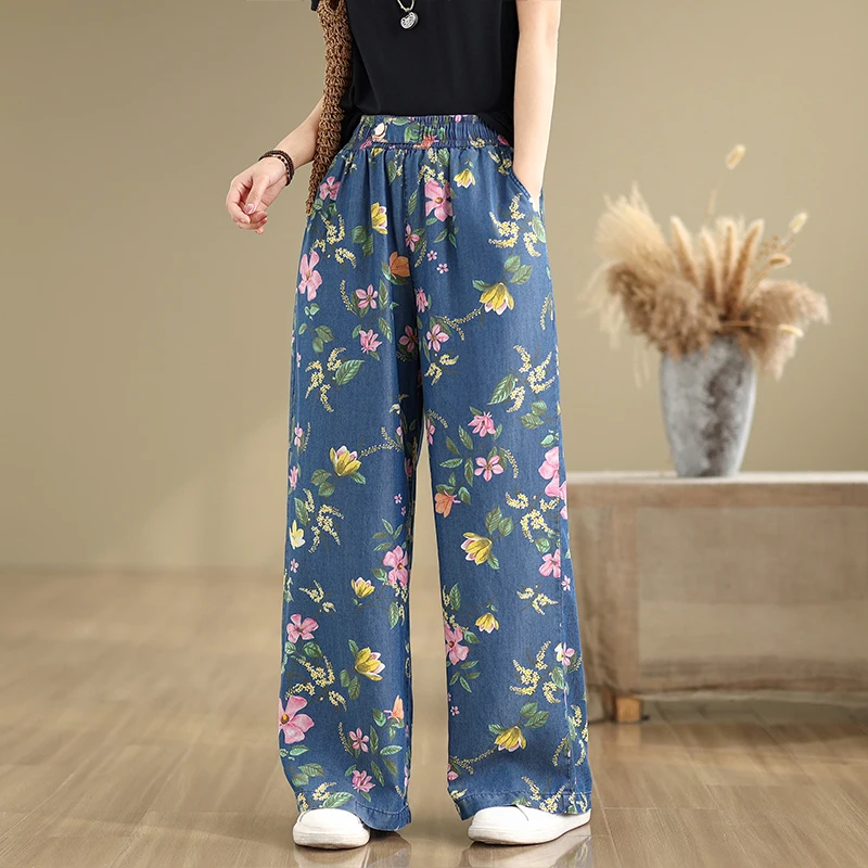 夏用超薄リヨセルデニムカジュアルハイウエストストレートレッグワイドレッグパンツレディースルーズフィットトラウザーズ万能ストレートパンツ...