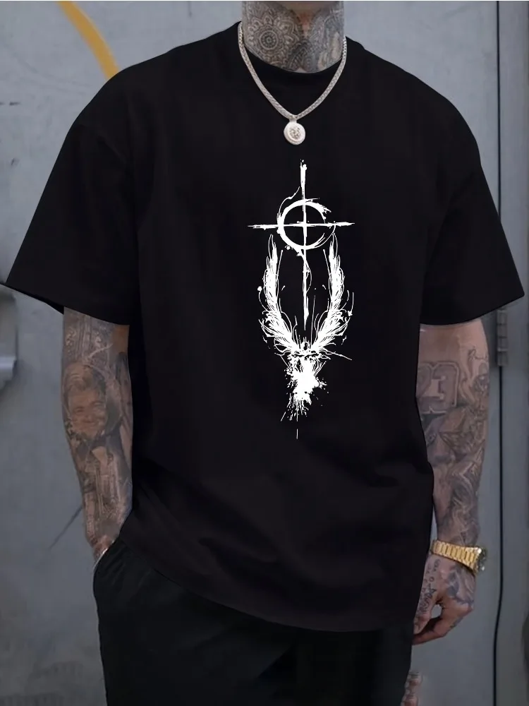 Men Summer Cotton Short Sleeve T Shirt Ink Splatter Cross Wing Target Print Crew Neck Abstract Street Casual Male Tee