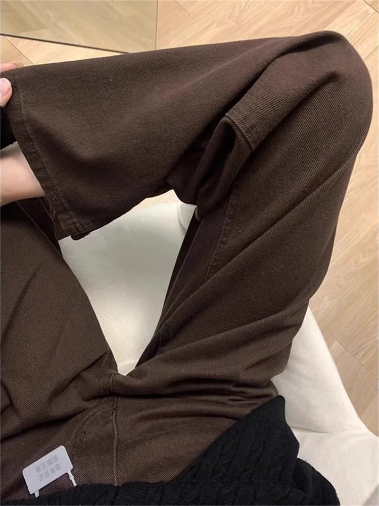 plus Size Fce Lined Brown Denim High Waist Loose Straight Leg Jeans Women's Winter Comfortable Slimming Wide Leg Trousers