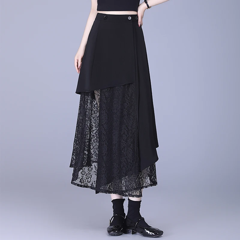 

Bla Asymmetrical High Waist Lace Splicing Design A-Line Long Skirt Ro Sle Women's Premium Faion Spring Summer 2025