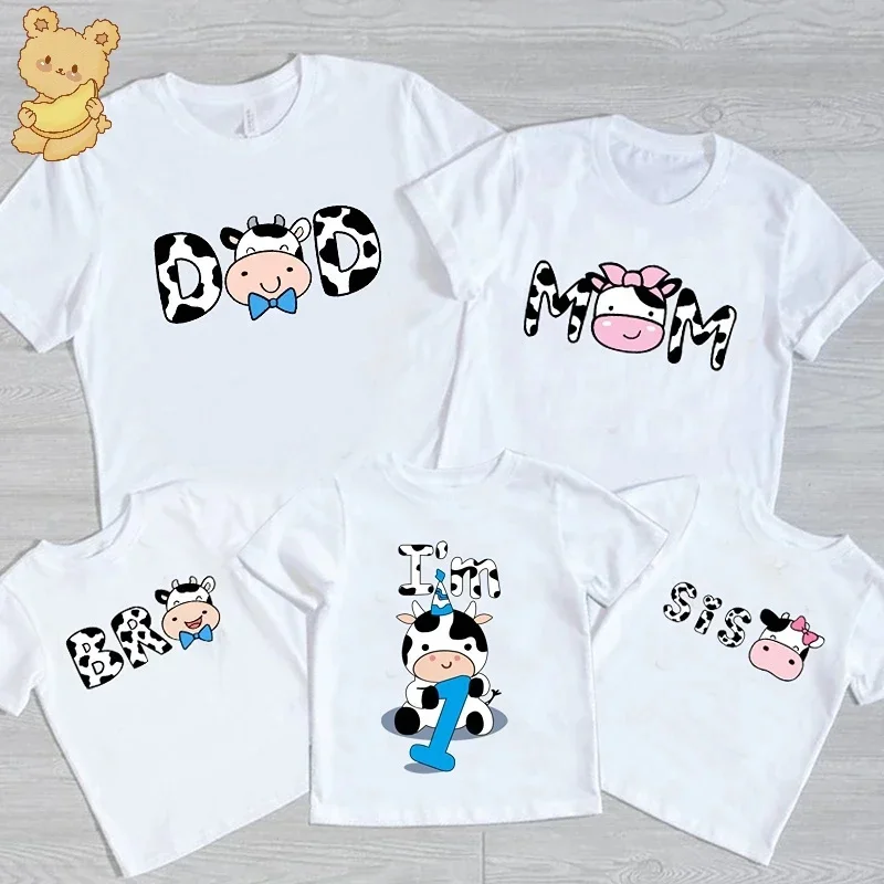 Family Look Mommy and Me Clothes Matching Summer Cow Printing Family Clothing Mother Daughter Son Father Kids T-shirt