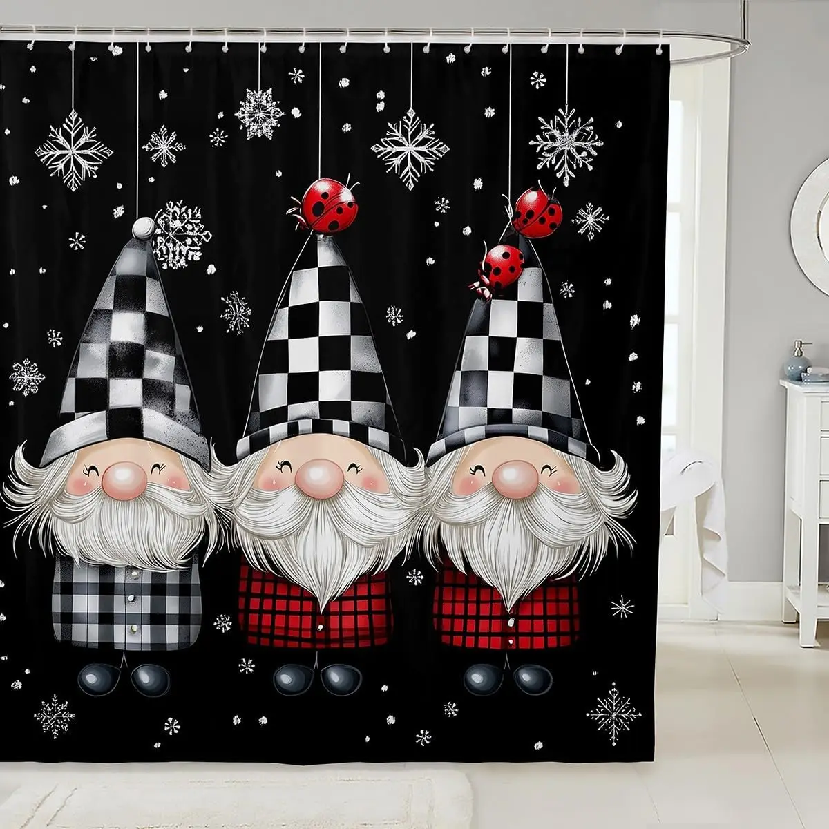 

Christmas Gnomes Shower Curtain Cartoon Gnome Fabric Shower Curtain,Happy Xmas Snowflake Bathroom Shower Curtain Sets Black