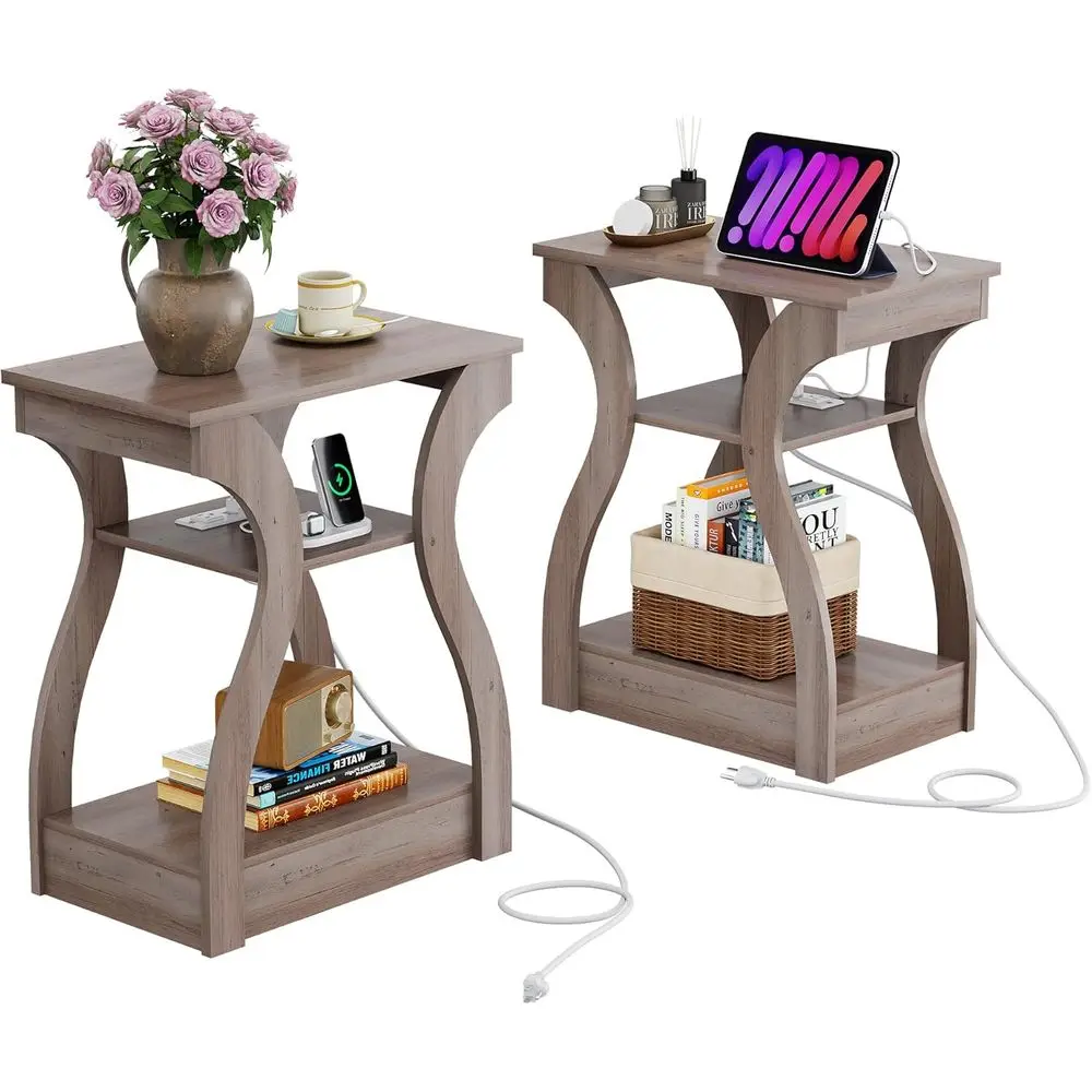 

2-Piece Charging End Table Set with USB Ports and Outlets for Bedroom or Living Room, 3-Tier Storage, Greige