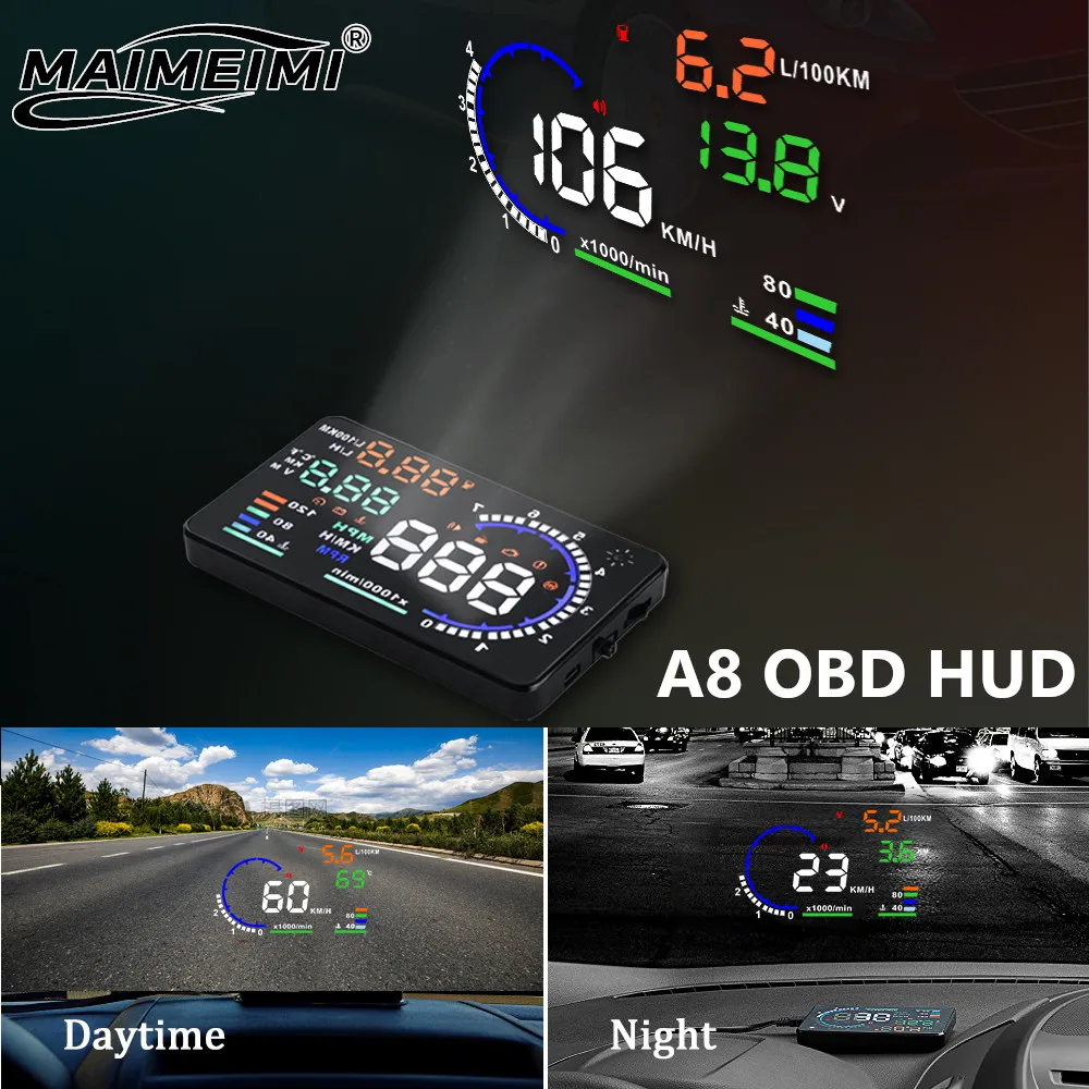 A8 OBD2 EOBD HUD Car Head Up Display LED Windshield Projector Speedometer Water Temp RPM Meter with Voltage Overspeed Alarm