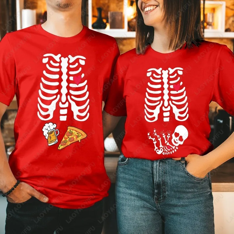 Birra e pizza Scheletro Ribcage Halloween Maternità T-shirt Coppia abbinata Top Uomo Donna Cotone a maniche corte T-shirt
