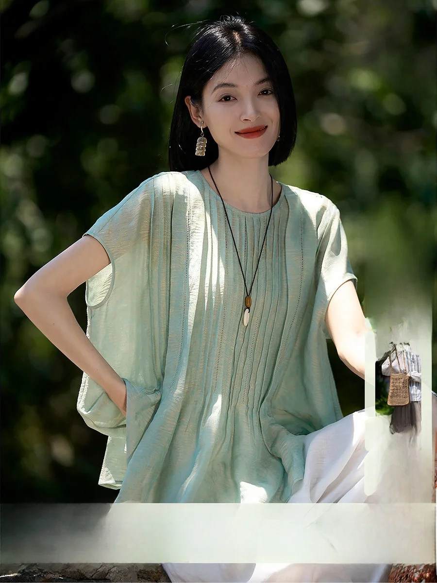 

Translucent Silk Linen Fly Sleeve round Neck Small Top Women's Heavy Embroidery Gauze Tower Pleat True Silk Linen round Neck ...