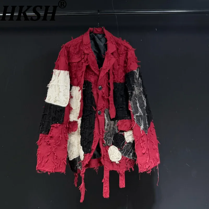 HKSH Spring Autumn New Men Tide Chic Ins Patchwork Blazer Distressed Details Fringes Single-Breasted High Street Jackets HK27701