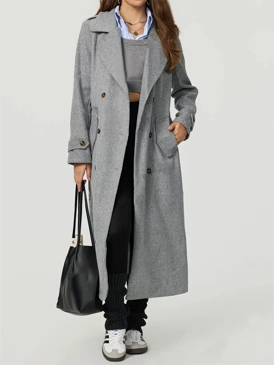 

Elegant Notched Neck Belted Long Trench Coat Women's Autumn Winter Double Breasted Woolen Overcoat Street Lady Outwear