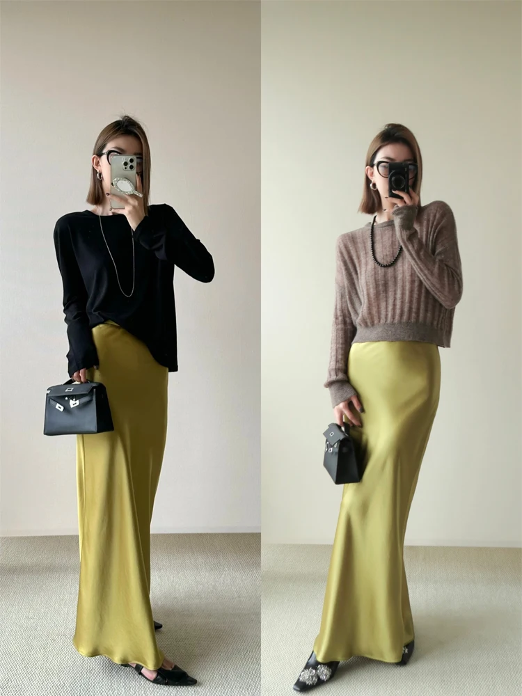 

Acetate Satin Long Skirt High Waist Fi Tail Design Zipper Sle Daily Wear Ladies' Premium Faion Commute Sle Skirt