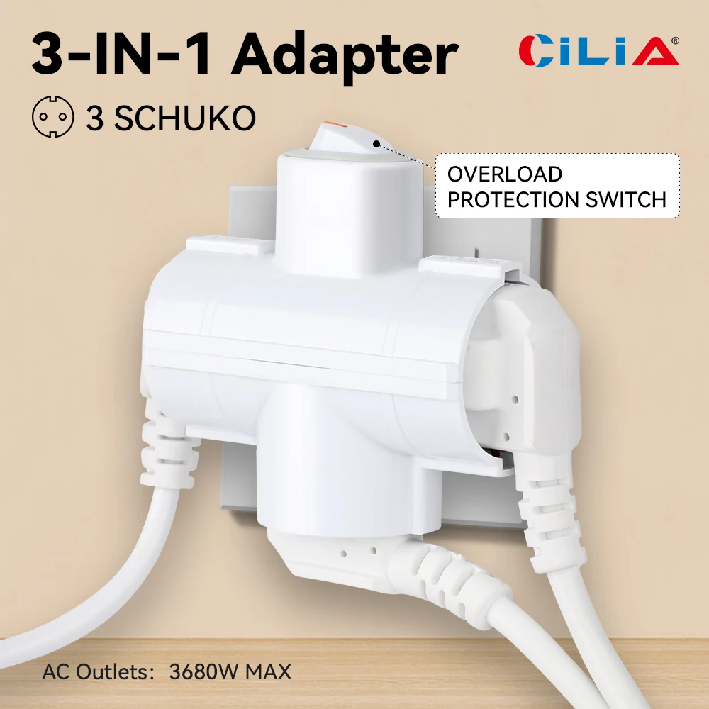 1/2 قطعة مخرج كهربائي متعدد الجدار معيار أوروبي، مقبس تمديد مع مفتاح، 3 مقابس طاقة، سعة 3680 وات، CR، Rosh #1