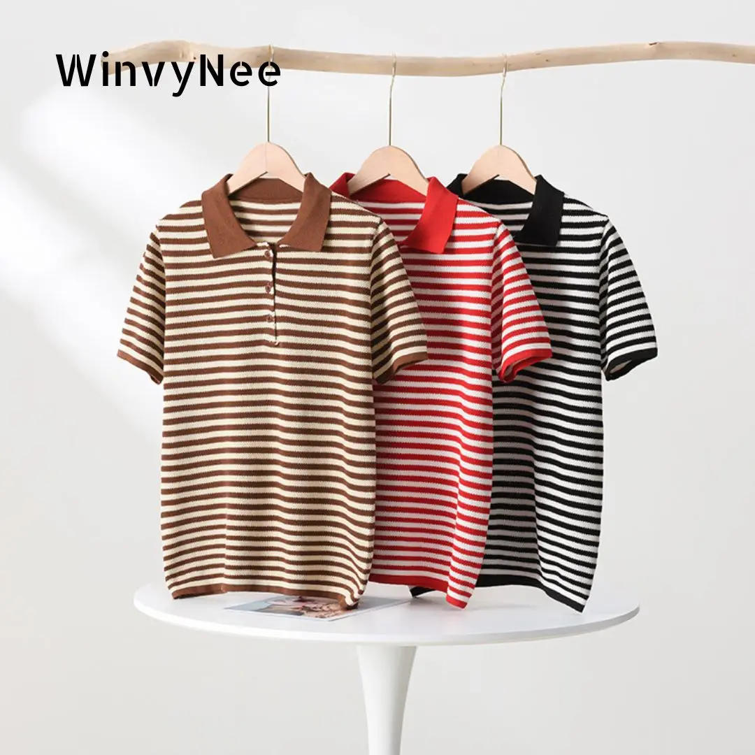 

WinvyNee Summer T-shirts Women 100% Cotton Striped Tops Women Clother Polo Short Sleeve Buttons Casual Basic Pullover ZA1102004