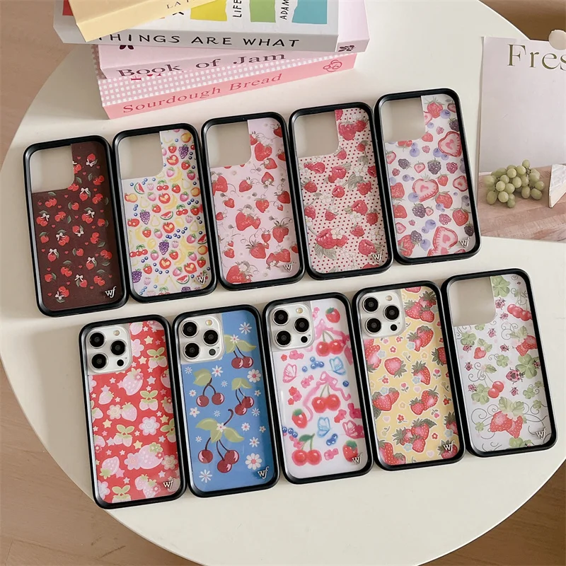 Wildflower 3D Ins Summer Fruit Cute Grape Strawberry Cherry Phone Case For iPhone 15 14 13 Pro Max WF Cartoon Pink Lovely Cover