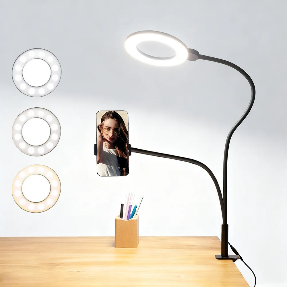

Кольцевая лампа для селфи с держателем для телефона, светильник для селфи с зажимом, регулируемая гибкая настольная кольцевая лампа 2-в-1 на гибкой стойке для прямой трансляции