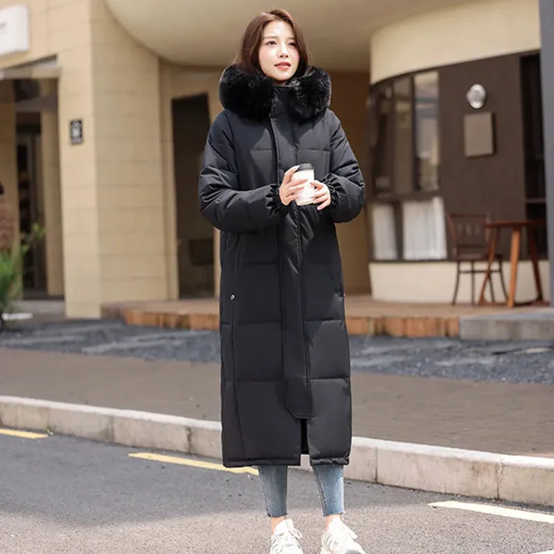 Manteau coréen Long en coton pour femmes, vêtements chauds d'hiver en coton, col en fourrure à capuche, pardessus Parker, vestes matelassées, nouvelle collection