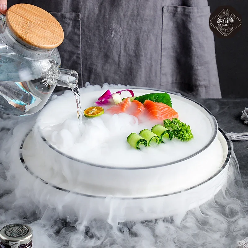 Creative Dry Ice Smoke Container Ceramic Cold Dish Tray Sashimi Dry Ice Plate Tableware Sushi Pan Characteristic Hotel Tableware