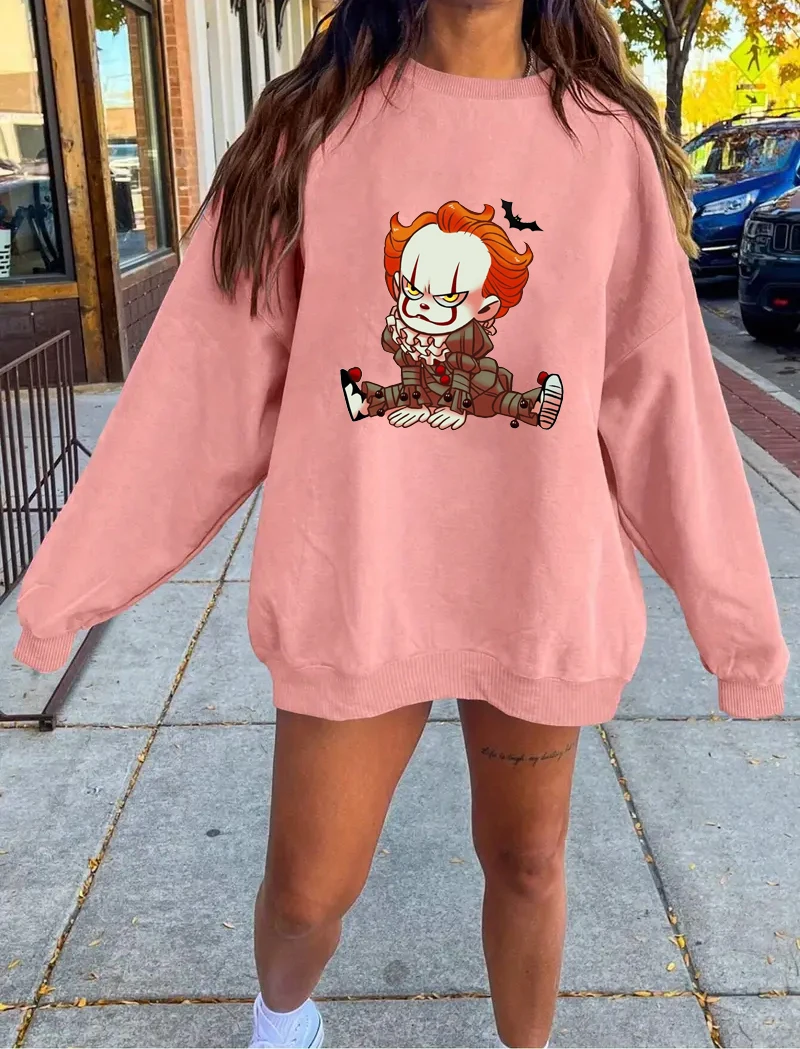 Cartoon print hoodie, casual style top, kangaroo pocket, loose version, fall/Winter fleece lined hoodie