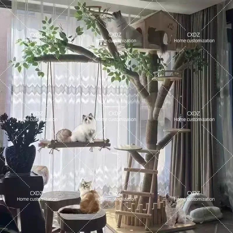 Large Cat Tree Climbing Frame with Solid Wood Real Trunk Integrated Nest Wear Resistant Non Sticky Pet Jumping Platform