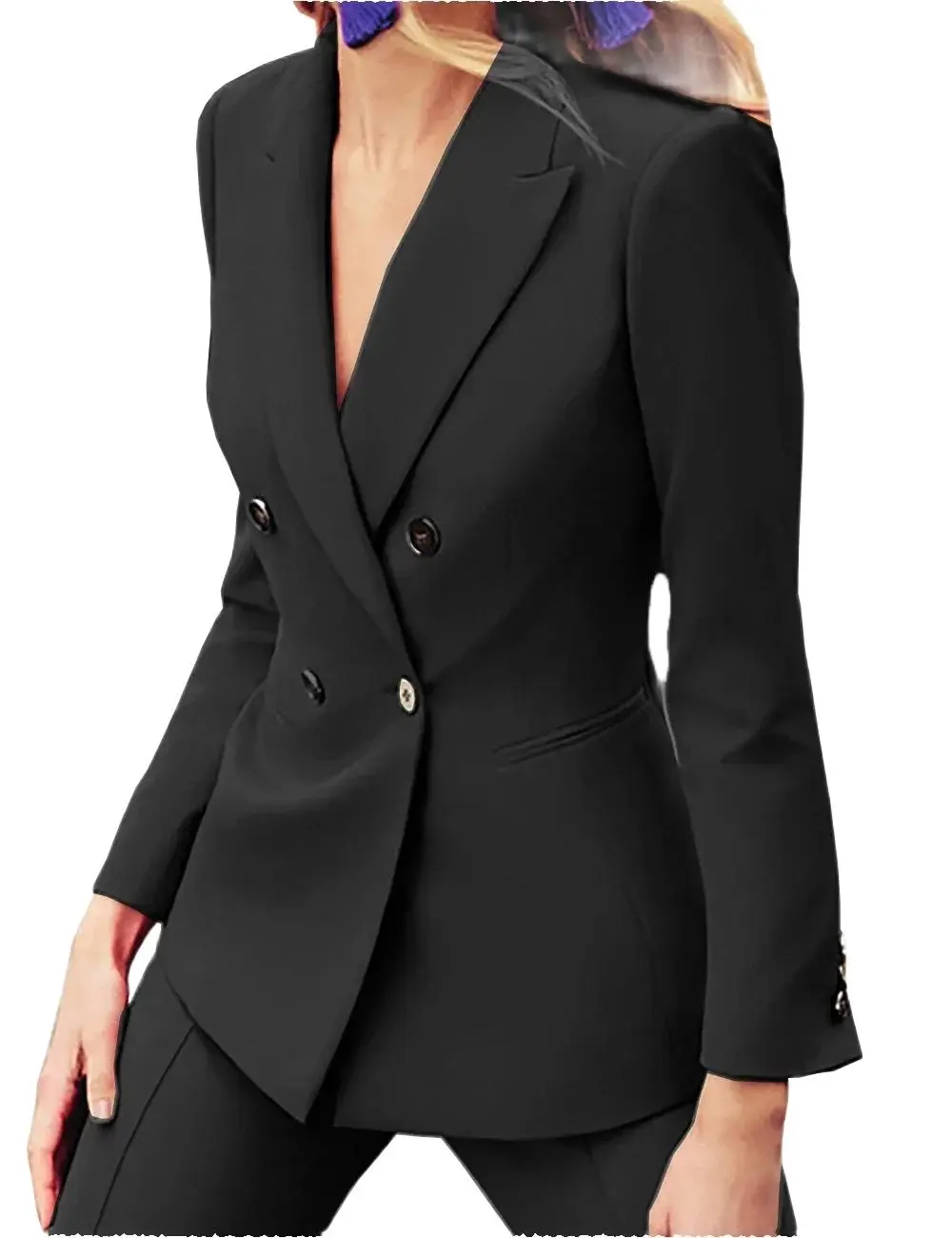 Conjunto de 2 piezas para mujer, traje de negocios negro, esmoquin de boda, chaleco de una sola botonadura con solapa para fiesta (Blazer + Pantalones)