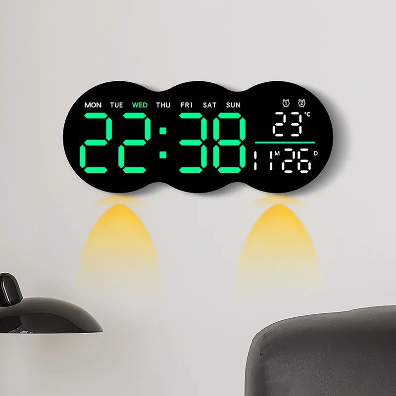 Large Digital Wall Clock with Ambient Light Remote Control Temp Week Display 12/24H 2-Alarms Brightness Adjustable LED Clocks