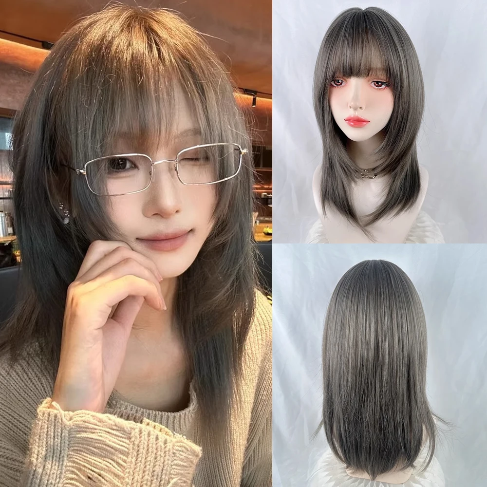 

Lolita Cosplay Grey Wig with Bangs Synthetic Straight Fluffy Short Wig Fluffy Heat Resistant for Daily Party