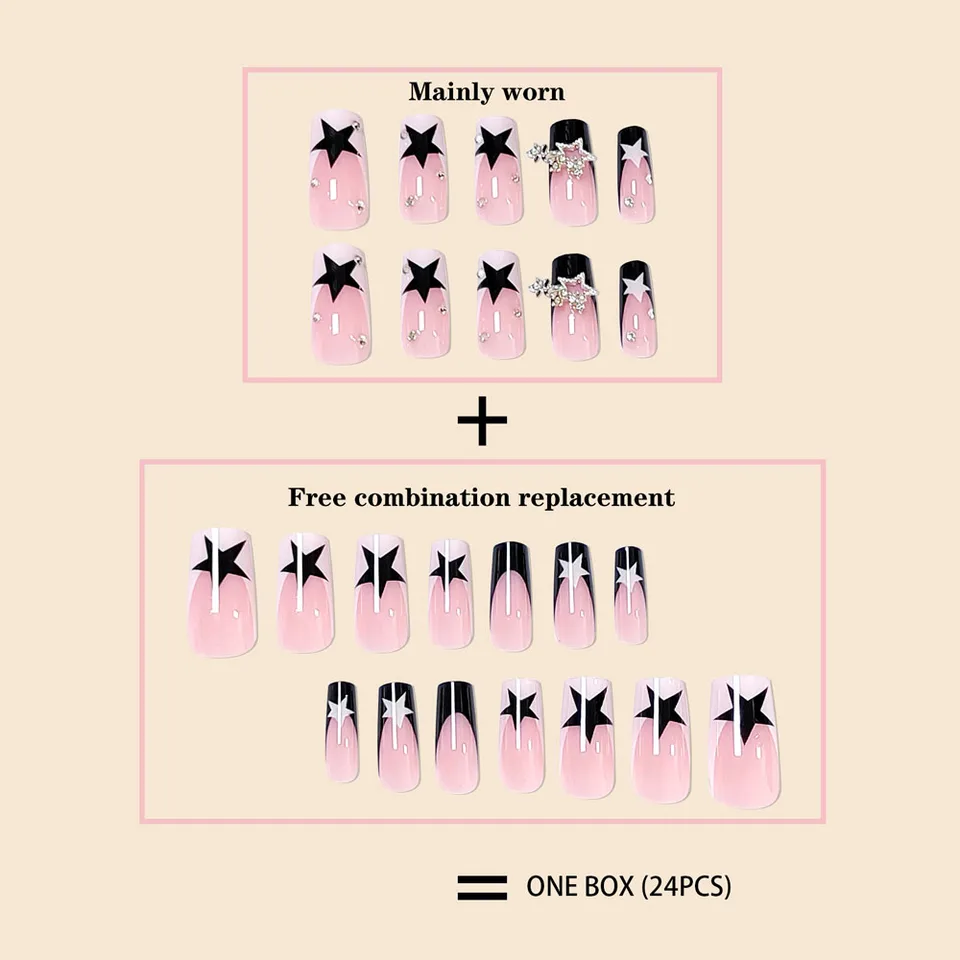 24pcs uñas postizas largas cuadradas negras francesas con diamantes y colgante de estrella, de cobertura total 2