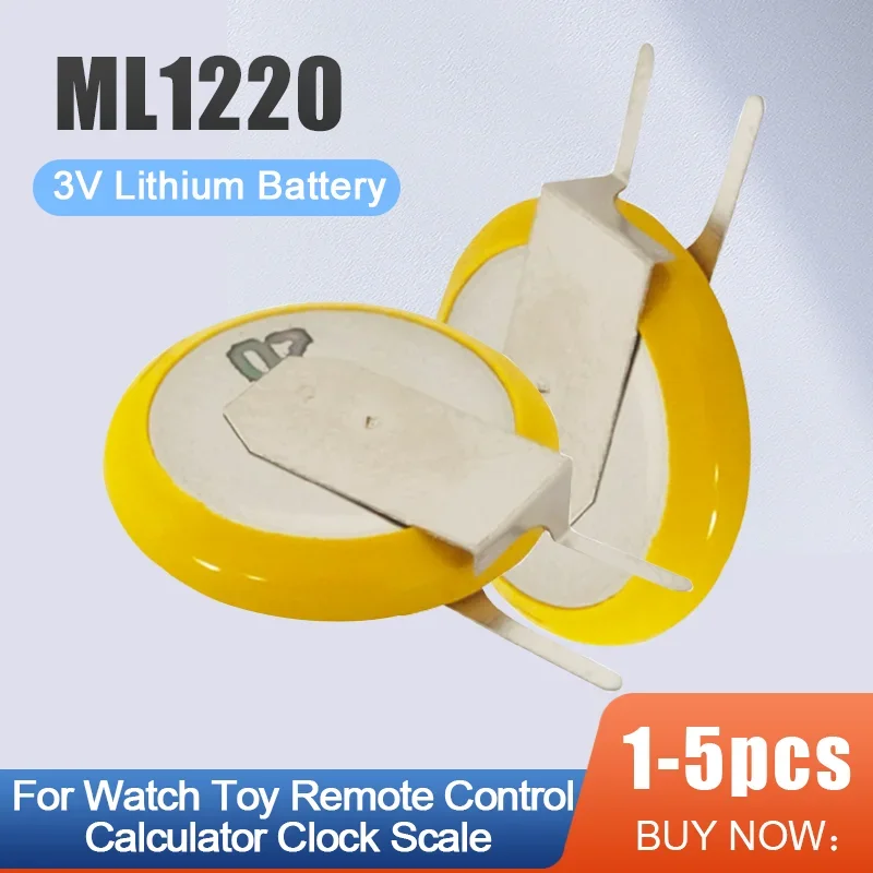 1-5PCS ML1220 ML 1220 3V Lithium Rechargeable Battery With Soldering Foot For Notebook Motherboard Button Coin Cell CR1220