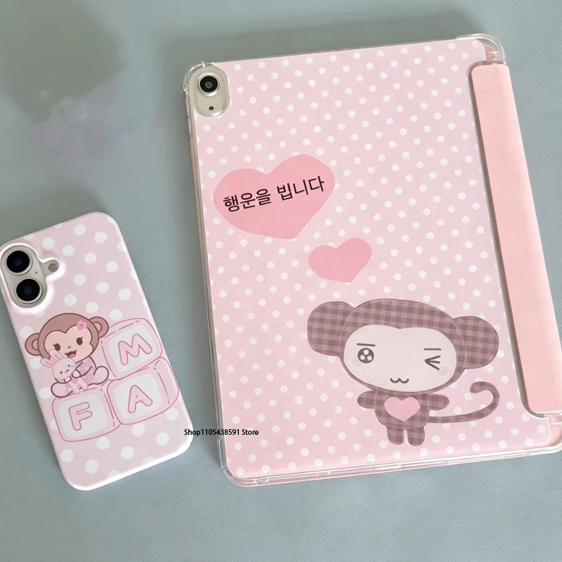 Cute Ins Pink Polka Dot Monkey Tri-fold Stand Case For IPad 10th 11th Gen 789 10.2 Air 4567 Pro11 Mini67 12.9in Protective Cover