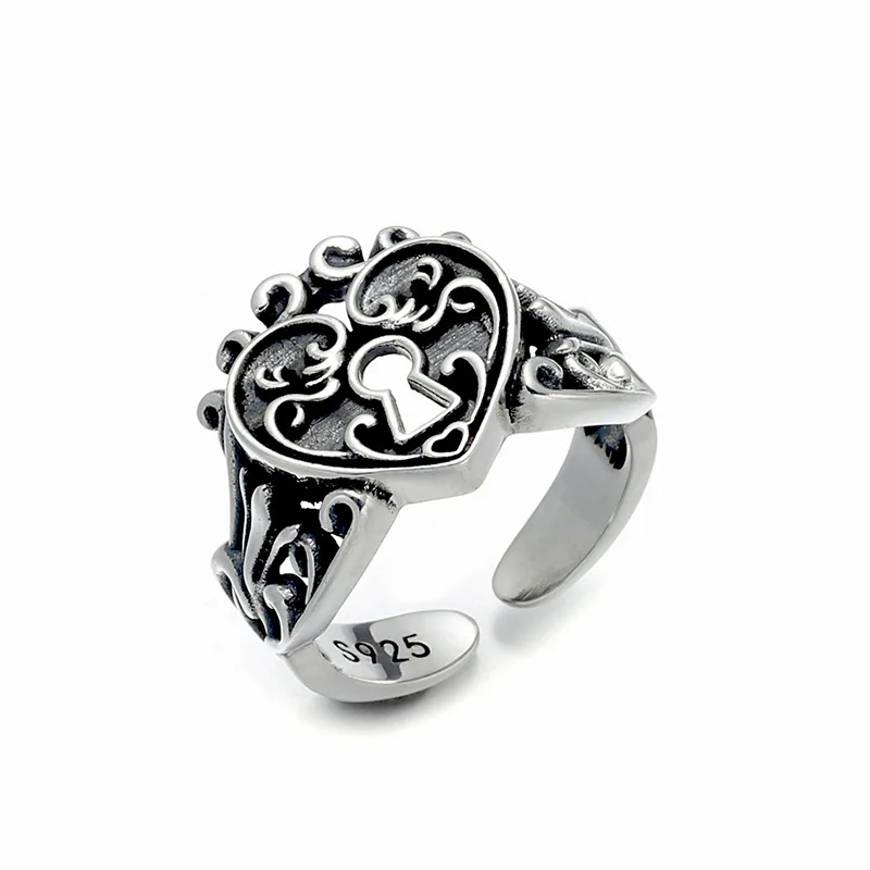 S925 loving heart in sterling silver ring vintage vintage ethnic style open adjustable ring heart-shaped couple ring