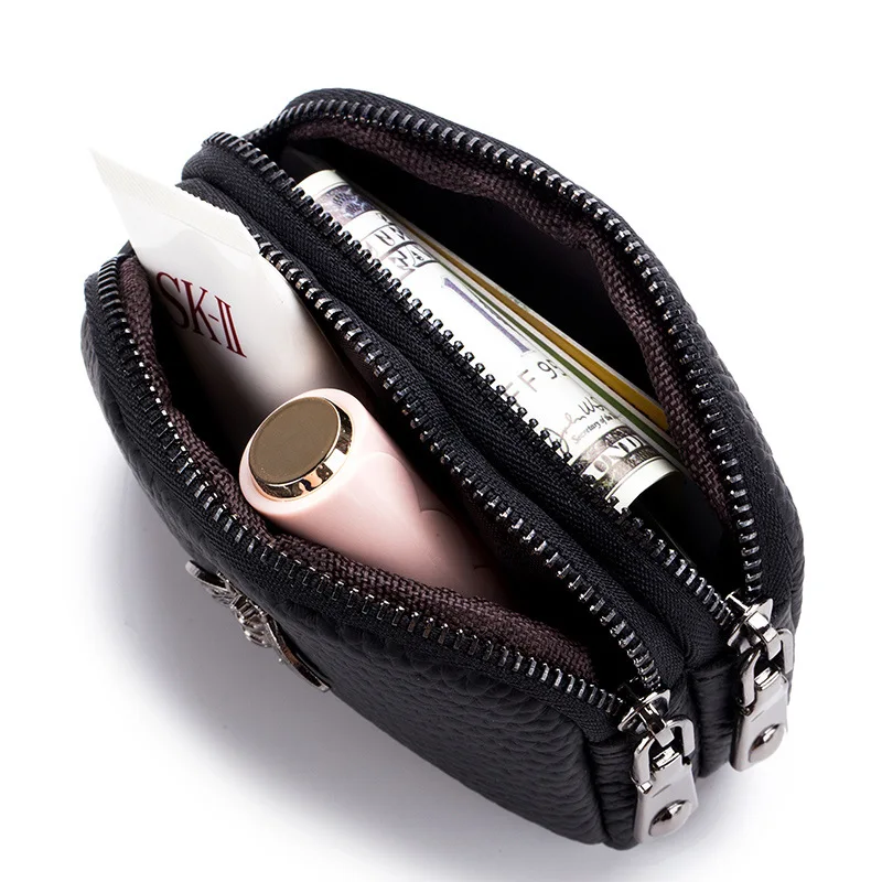Leather Double Zipper Women Wallet with Metal Bee Decoration Large Capacity Coin Purse for Ladies Secure Daily Use