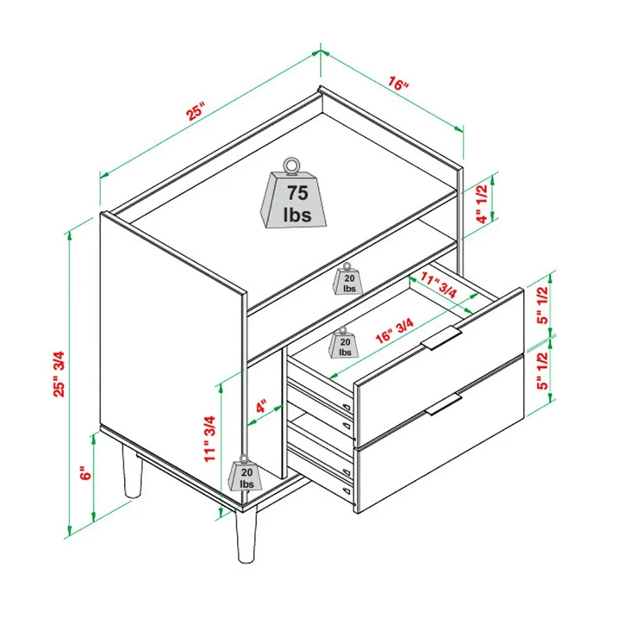 Mesa de cabeceira moderna de madeira maciça de meados do século com 2 gavetas - preta