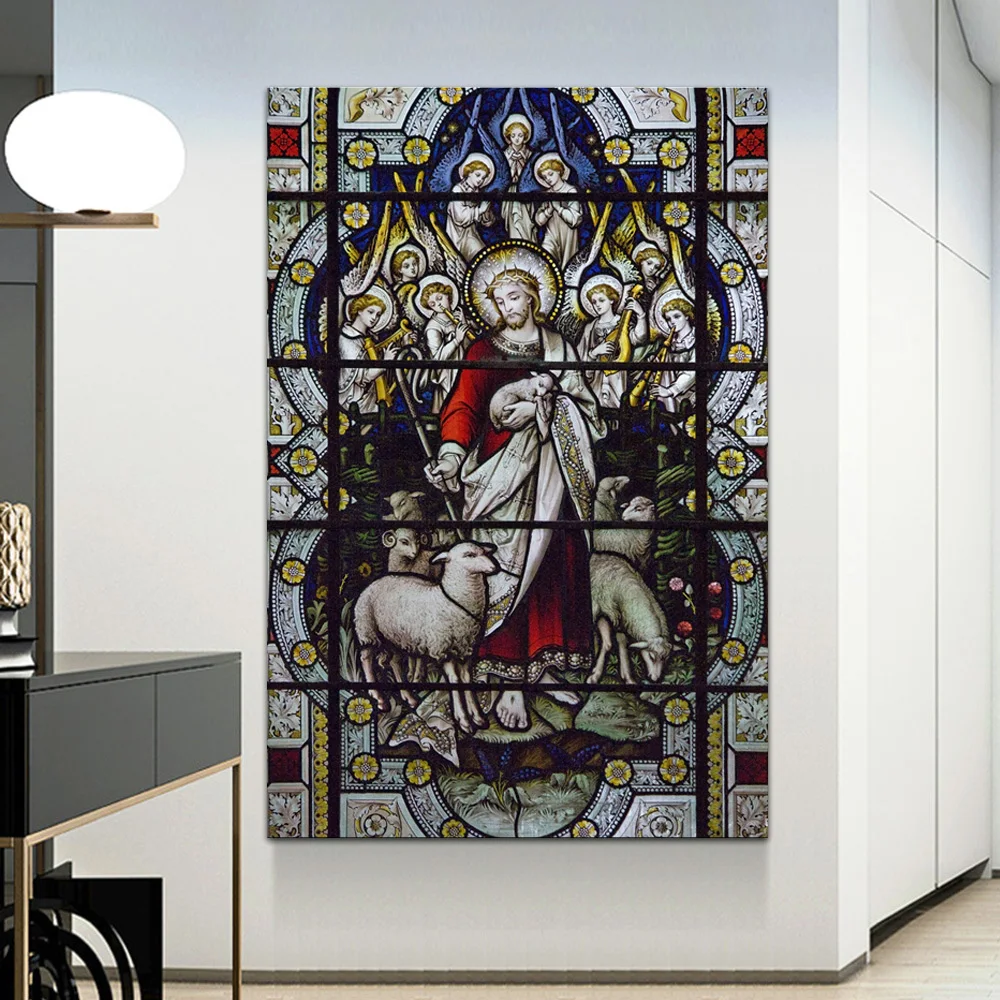 

Jesus Leading His Sheep Gorgeous Stained Glass Art Jesus Painting Religious Giclee Print Artwork for Wall Decor Drop Shipping