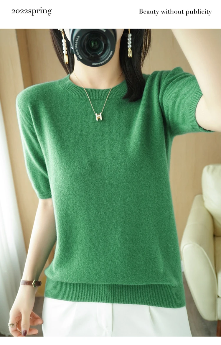 Spring 2022 New Women's O-Neck Short-Sleeved Exquisite Cashmere Sweater Pullover