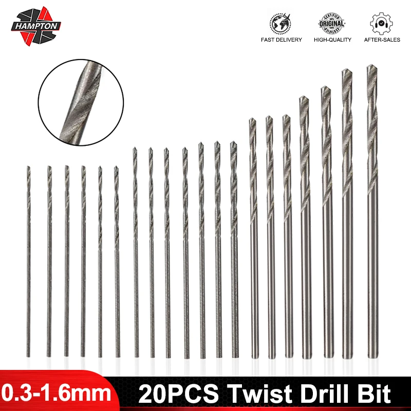 HAMPTON 20pcs 0.3mm-1.6mm Twist Drill Bit Set Mini High Speed Steel HSS Drill Bit for Wood Metal Drilling Tool