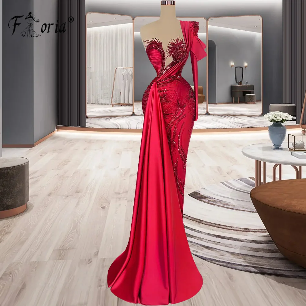 Elegant Red Mermaid One Shoulder Evening Dress Sweep Train Dubai Beaded Wedding Party Gowns Custom Made Robe de soiree Prom Gown