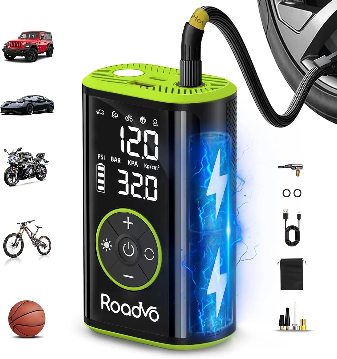 

Portable Tire Inflator 150 PSI Air Compressor, 10000mAh Cordless with Digital Gauge for Car, Bike, Motorcycle, Sports Balls