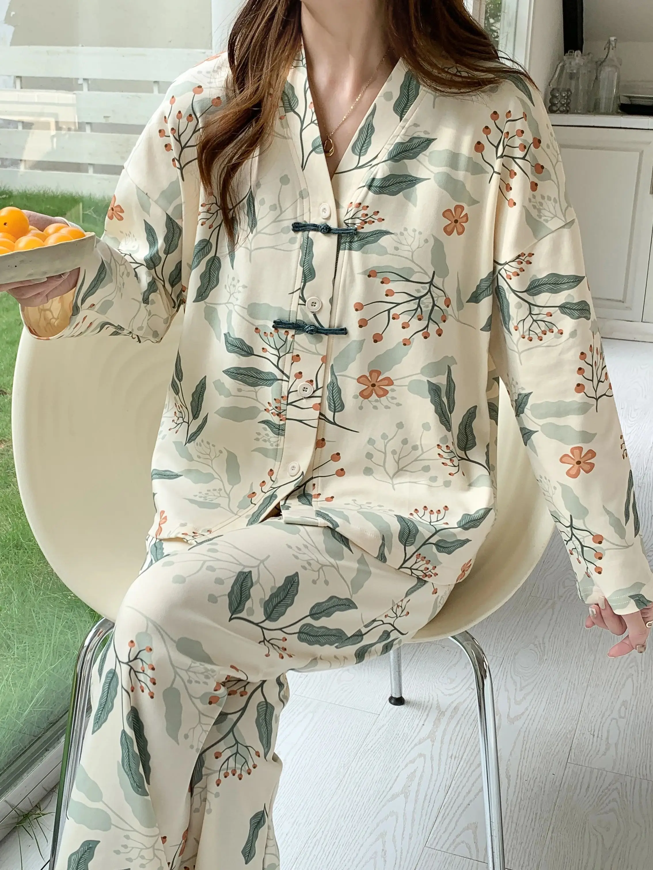 100% Cotton Pajamas Pijamas De Mujer Elegent Pajamas Kimono Nightwear Floral Pajama Custom Print Absorbent Button Down Coton