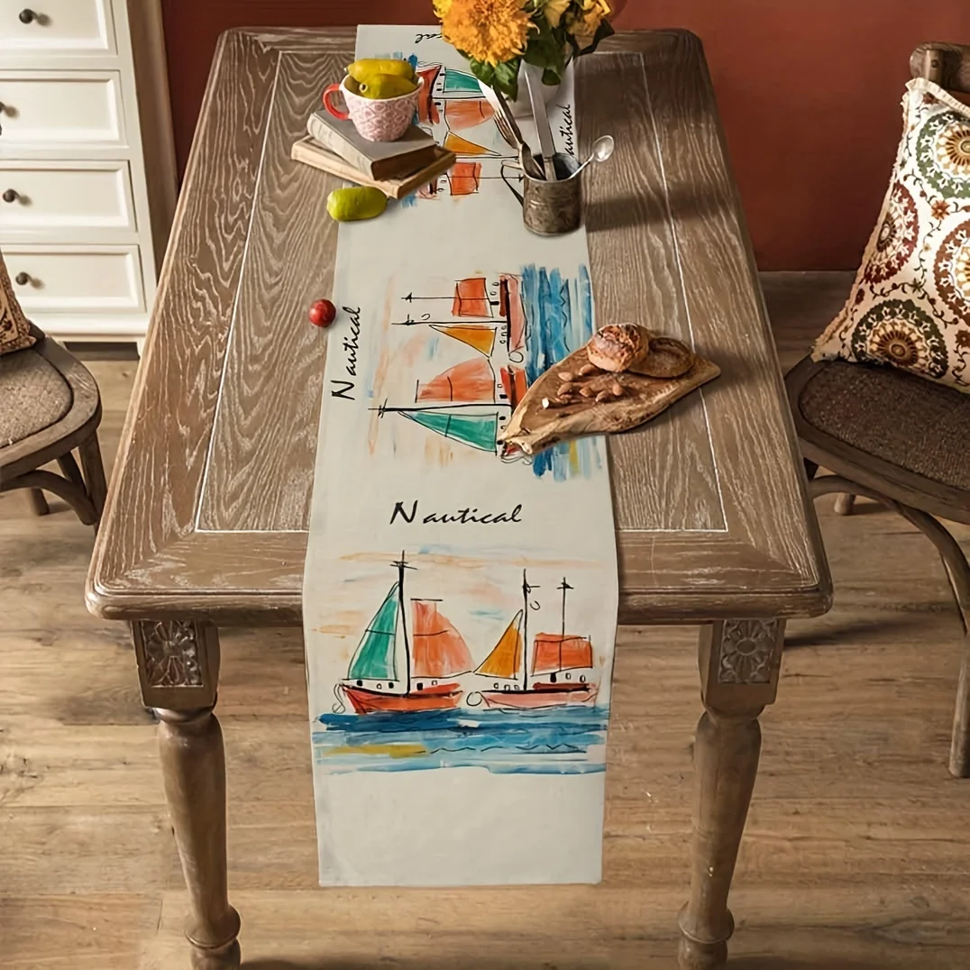 1pc of a Long Linen Table Runner Featuring a Watercolor Ship Design, Perfect for Coastal-Themed ,Wedding Table Decorations.