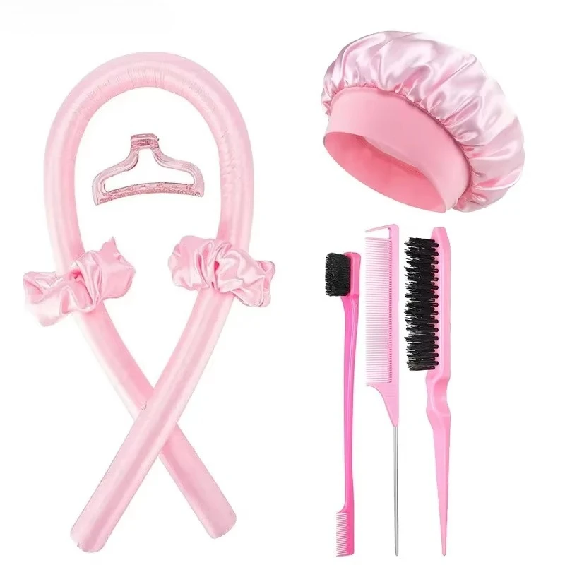 Ensemble de 8 rouleaux à cheveux sans chaleur avec bonnet de nuit, rouleaux paresseux, bandeau et brosse à poils pour coiffure