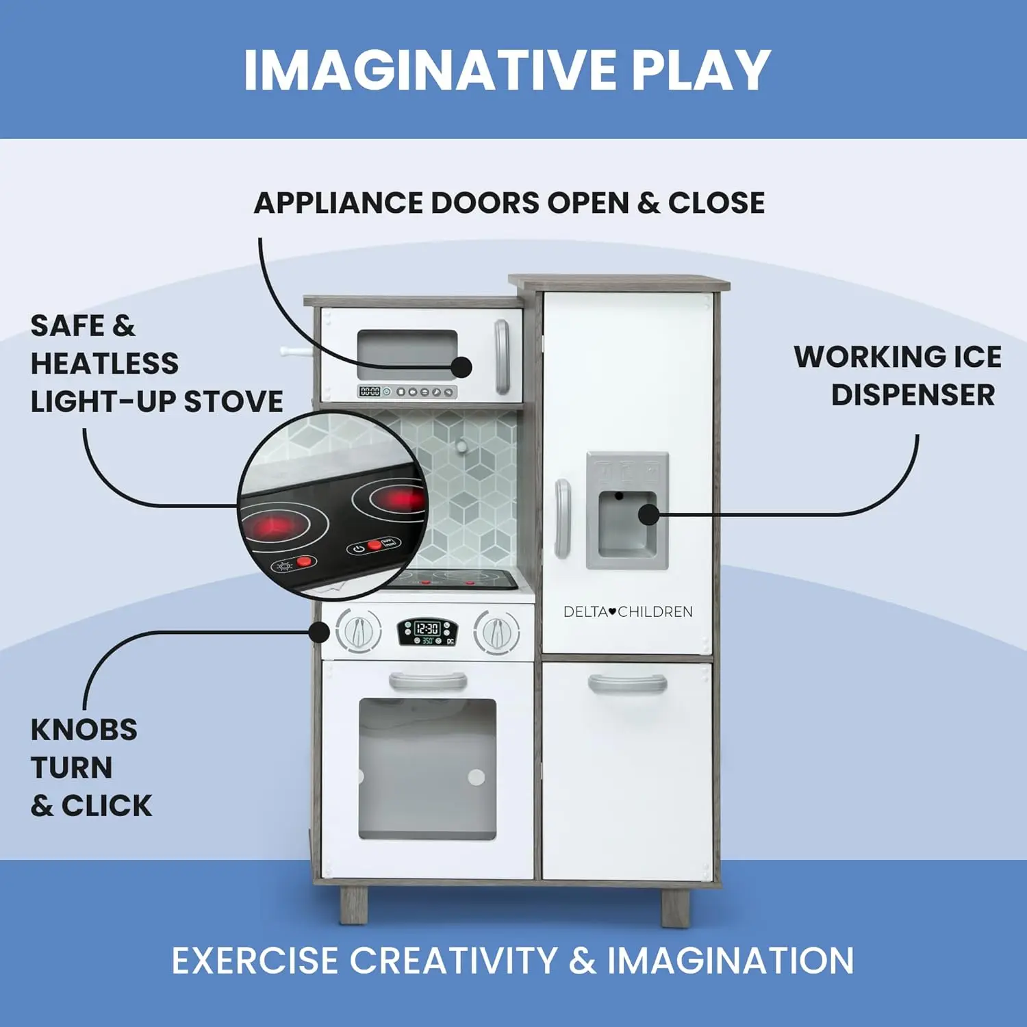 Gourmet All-in-One Corner Play Toy, Playset de cozinha, fogão seguro e sem calor com luzes, forno, pia, geladeira e freezer