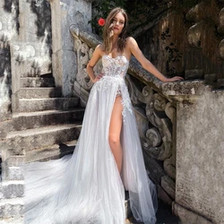 Princess A-Line Lace Appliques Beach Wedding Dress For Women  Bohemian Side Slit Robe De MareFloor length  Sweetheart Sleeveless