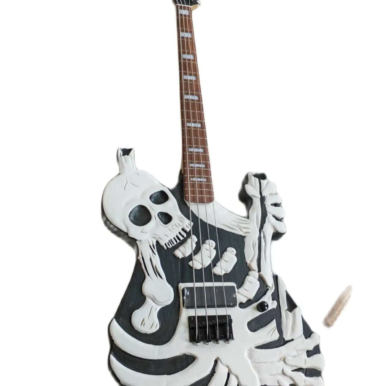 Hand Carved 4-string Skull Electric Bass Guitar with Engraved Closed Pickups Black Hardware