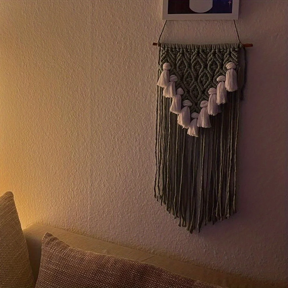 1pc Green Macrame Wall Hanging Tapestry No Frame Handmade Tassels Tapestry Home Decor Bedroom Room Decor Bohemian Tapestry, 9.84